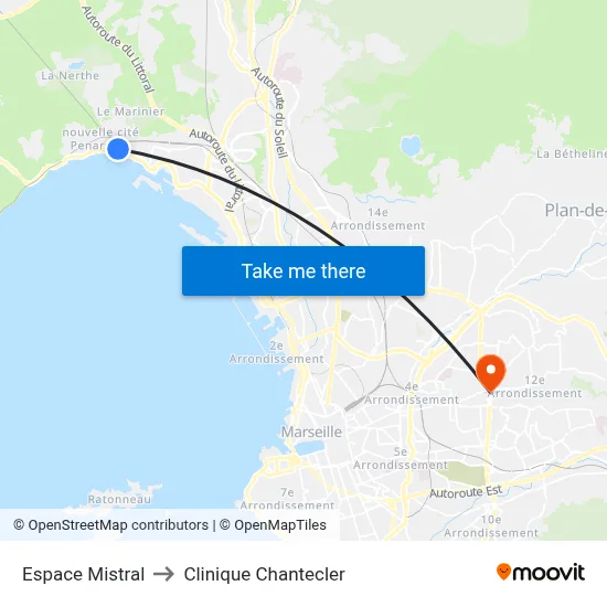 Espace Mistral to Clinique Chantecler map