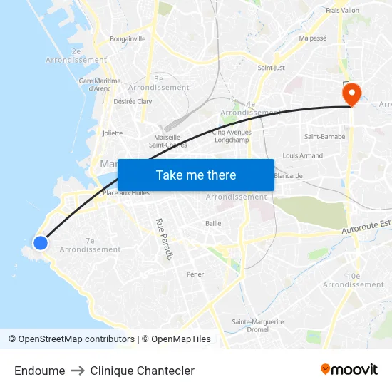 Endoume to Clinique Chantecler map