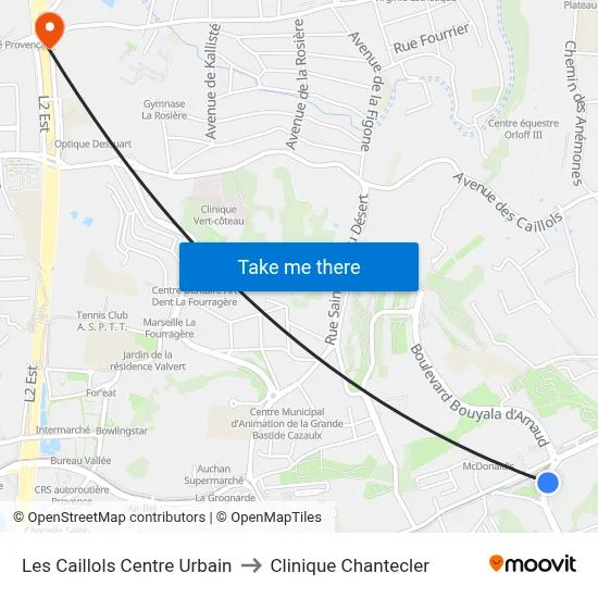Les Caillols Centre Urbain to Clinique Chantecler map