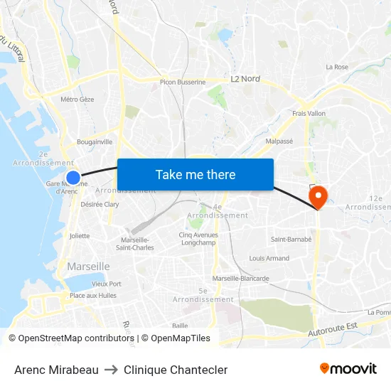 Arenc Mirabeau to Clinique Chantecler map
