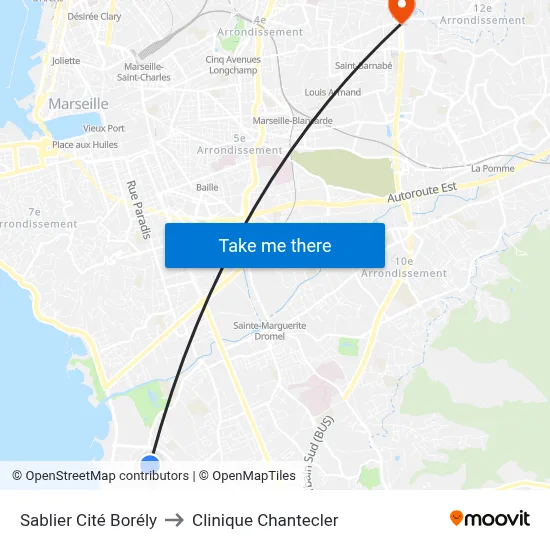 Sablier Cité Borély to Clinique Chantecler map