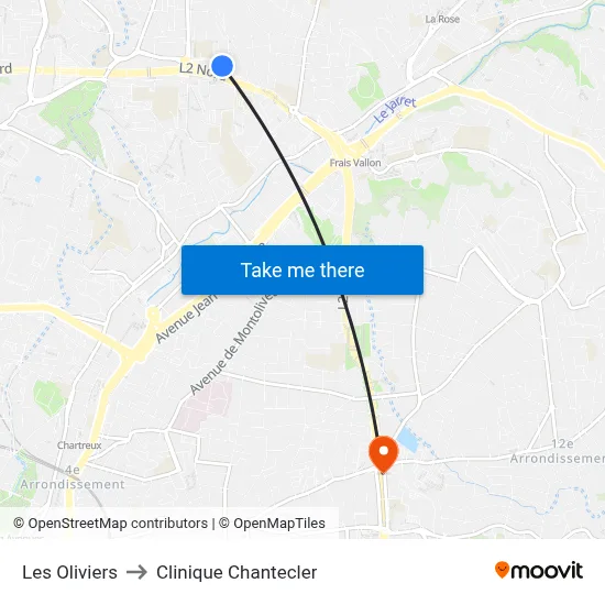 Les Oliviers to Clinique Chantecler map