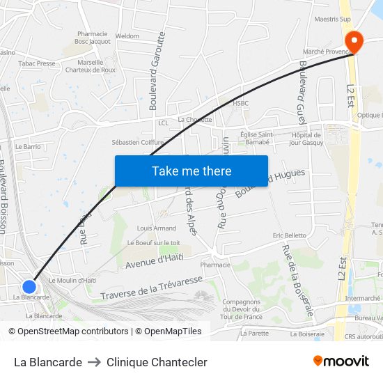 La Blancarde to Clinique Chantecler map