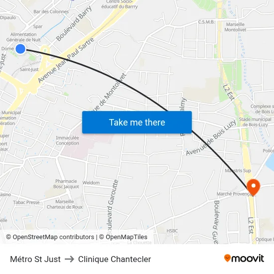 Métro St Just to Clinique Chantecler map
