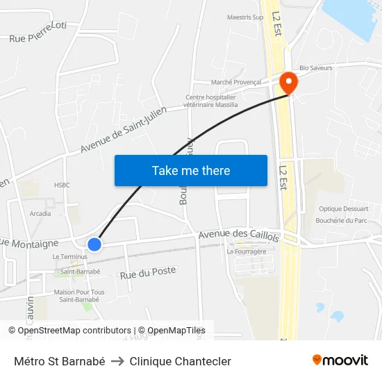 Métro St Barnabé to Clinique Chantecler map