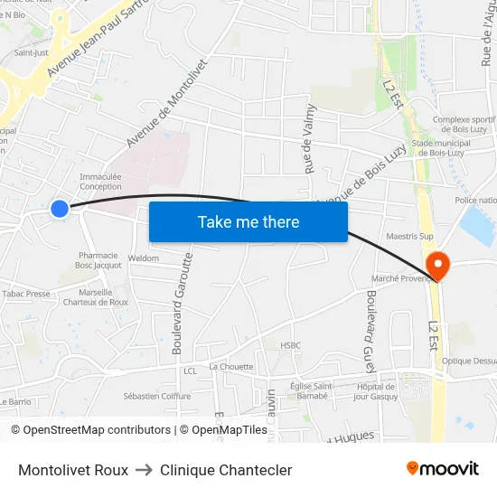 Montolivet Roux to Clinique Chantecler map