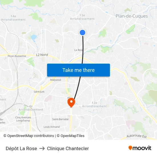 Dépôt La Rose to Clinique Chantecler map
