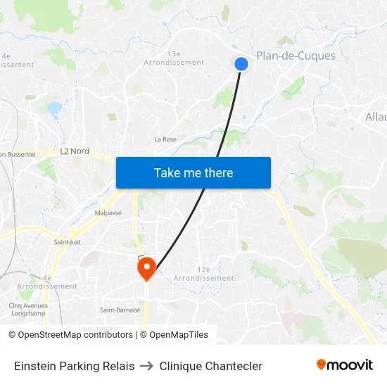 Einstein Parking Relais to Clinique Chantecler map