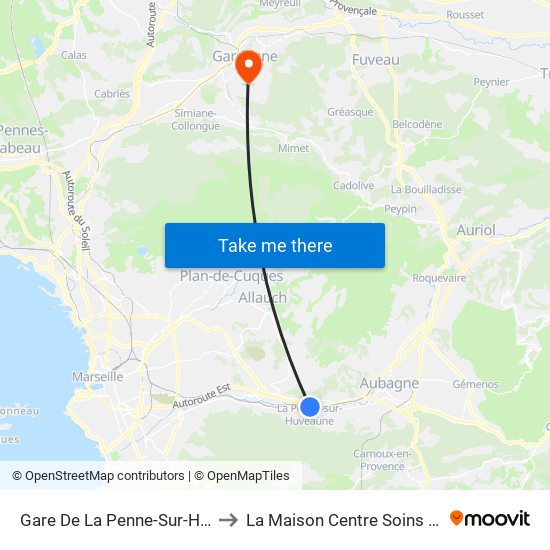 Gare De La Penne-Sur-Huveaune to La Maison Centre Soins Palliatifs map