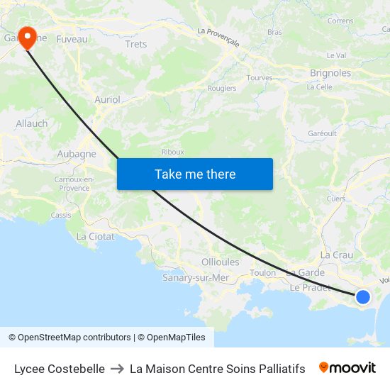 Lycee Costebelle to La Maison Centre Soins Palliatifs map