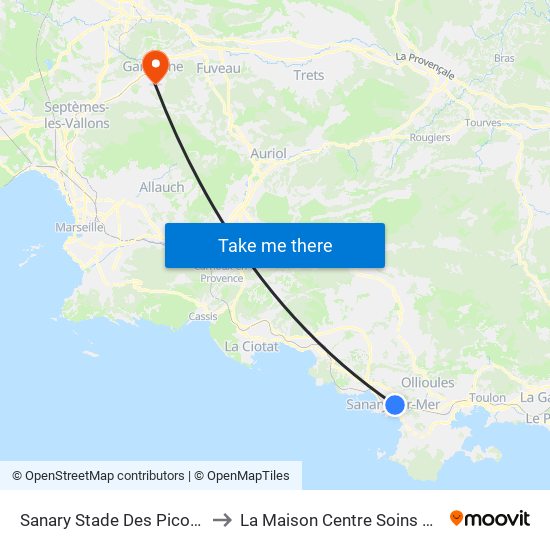 Sanary Stade Des Picotieres E to La Maison Centre Soins Palliatifs map