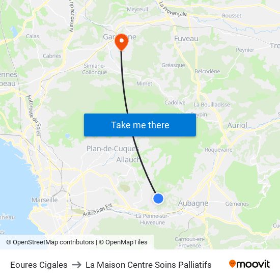 Eoures Cigales to La Maison Centre Soins Palliatifs map