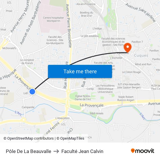 Pôle De La Beauvalle to Faculté Jean Calvin map