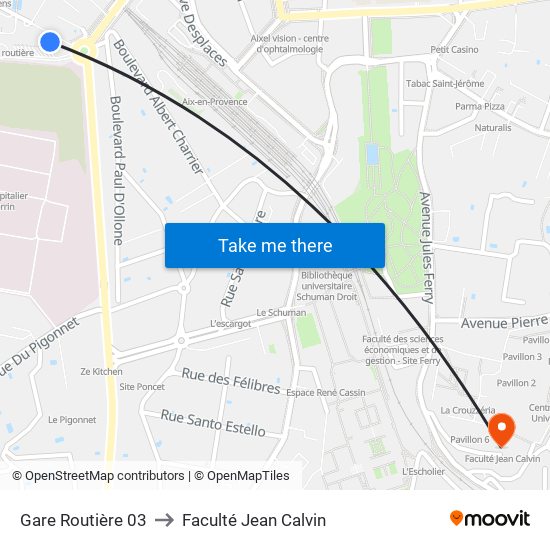 Gare Routière 03 to Faculté Jean Calvin map