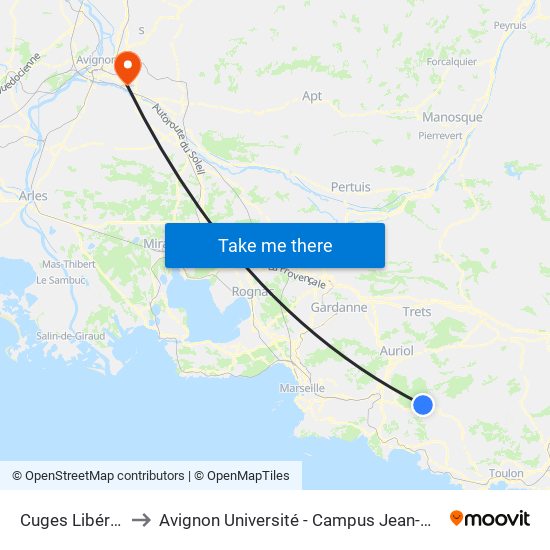 Cuges Libération to Avignon Université - Campus Jean-Henri Fabre map