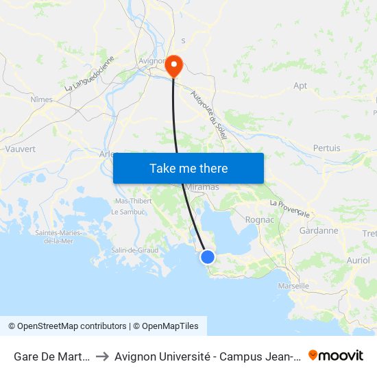 Gare De Martigues to Avignon Université - Campus Jean-Henri Fabre map