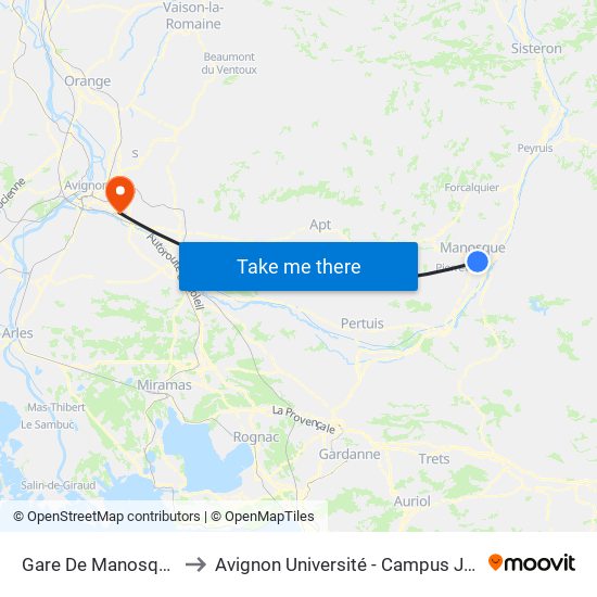 Gare De Manosque-Gréoux to Avignon Université - Campus Jean-Henri Fabre map