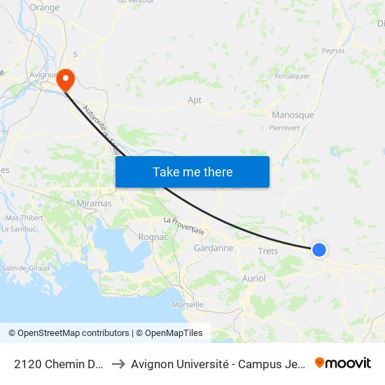 2120 Chemin Du Moulin to Avignon Université - Campus Jean-Henri Fabre map