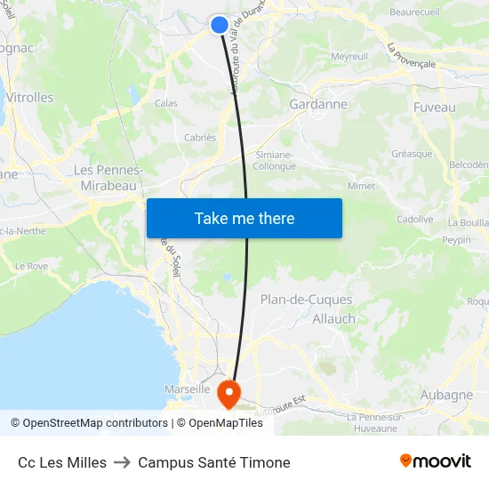 Cc Les Milles to Campus Santé Timone map