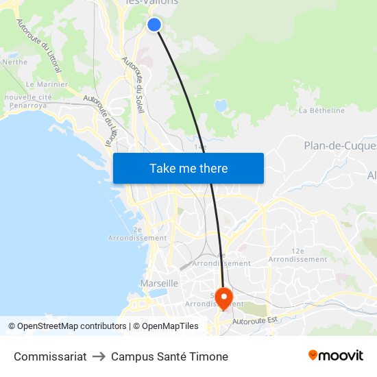 Commissariat to Campus Santé Timone map