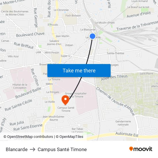 Blancarde to Campus Santé Timone map