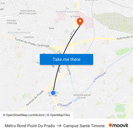 Métro Rond Point Du Prado to Campus Santé Timone map