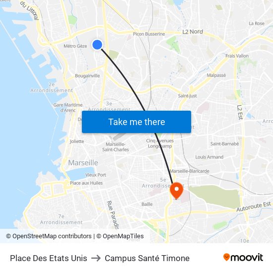 Place Des Etats Unis to Campus Santé Timone map
