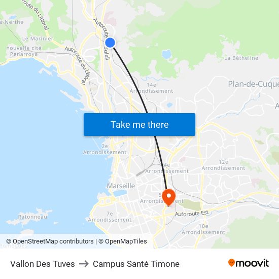 Vallon Des Tuves to Campus Santé Timone map