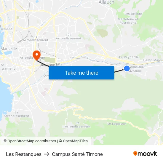 Les Restanques to Campus Santé Timone map