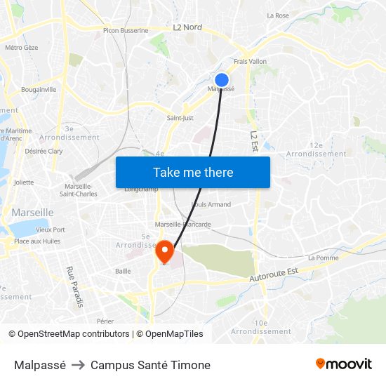 Malpassé to Campus Santé Timone map