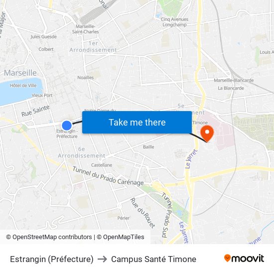 Estrangin (Préfecture) to Campus Santé Timone map