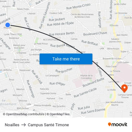 Noailles to Campus Santé Timone map