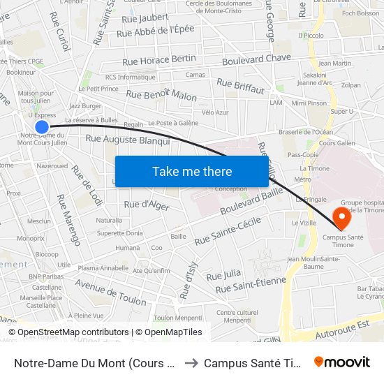 Notre-Dame Du Mont (Cours Julien) to Campus Santé Timone map