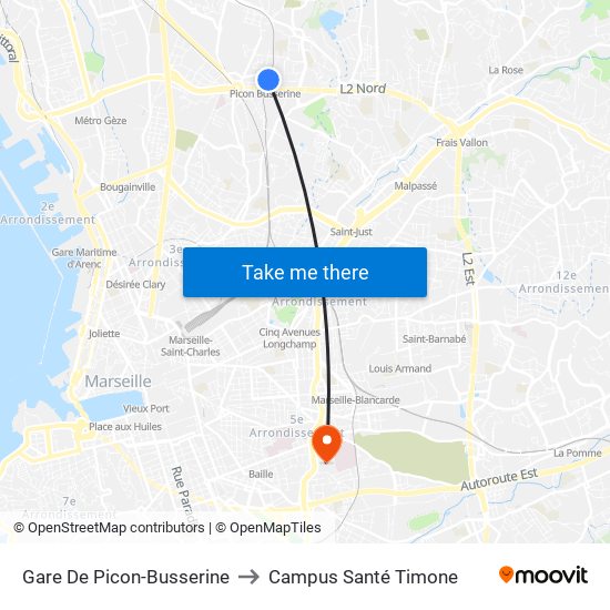 Gare De Picon-Busserine to Campus Santé Timone map