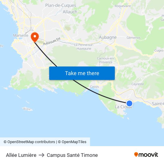 Allée Lumière to Campus Santé Timone map