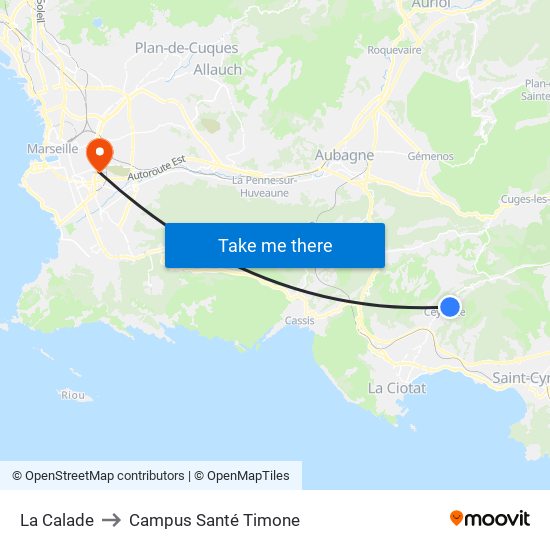 La Calade to Campus Santé Timone map
