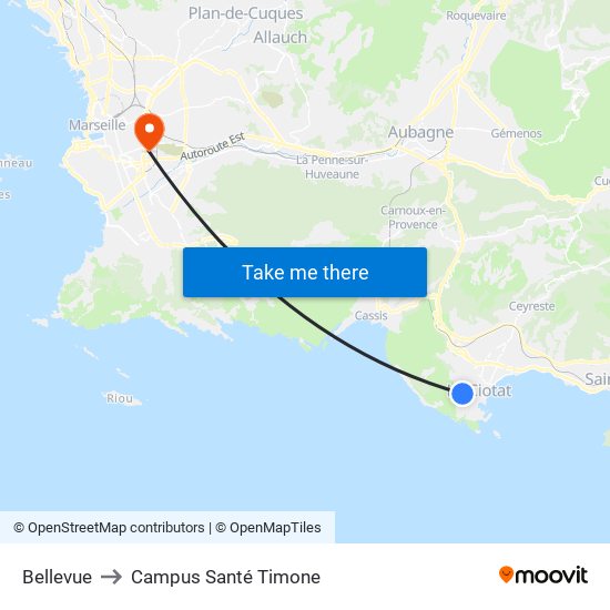 Bellevue to Campus Santé Timone map