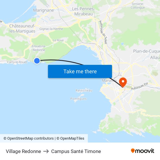 Village Redonne to Campus Santé Timone map