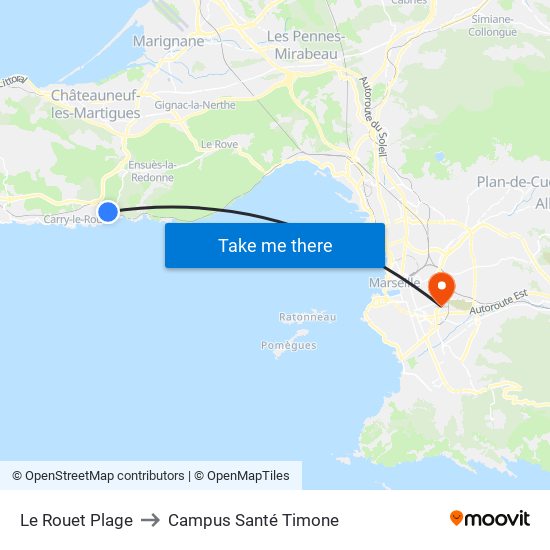 Le Rouet Plage to Campus Santé Timone map