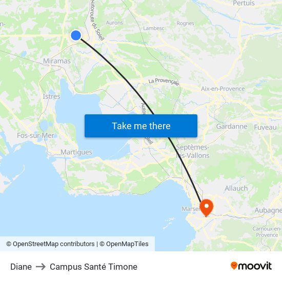 Diane to Campus Santé Timone map