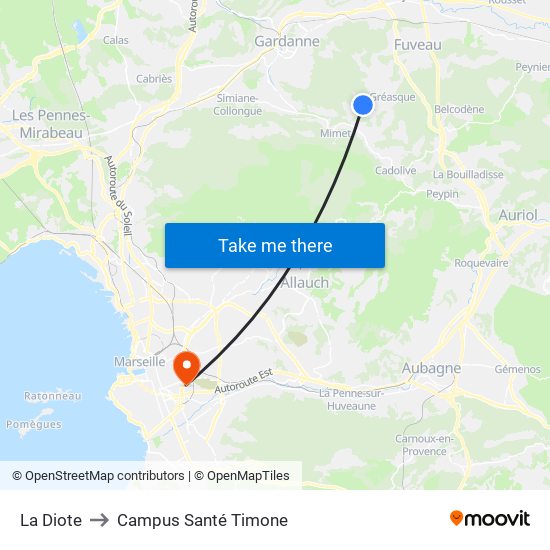 La Diote to Campus Santé Timone map