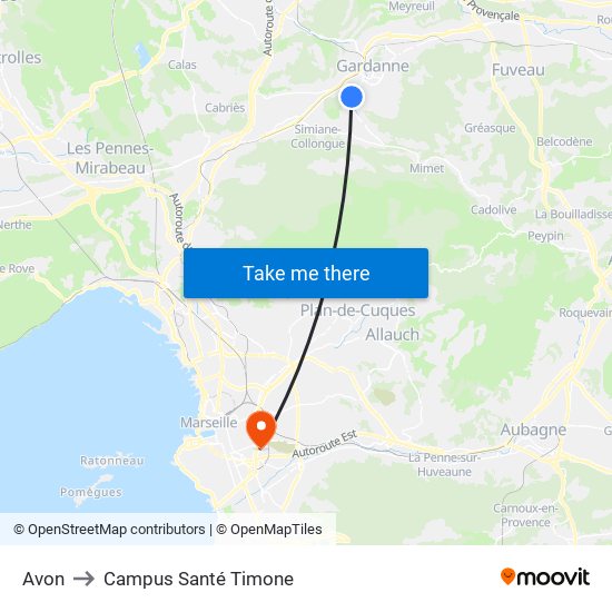 Avon to Campus Santé Timone map