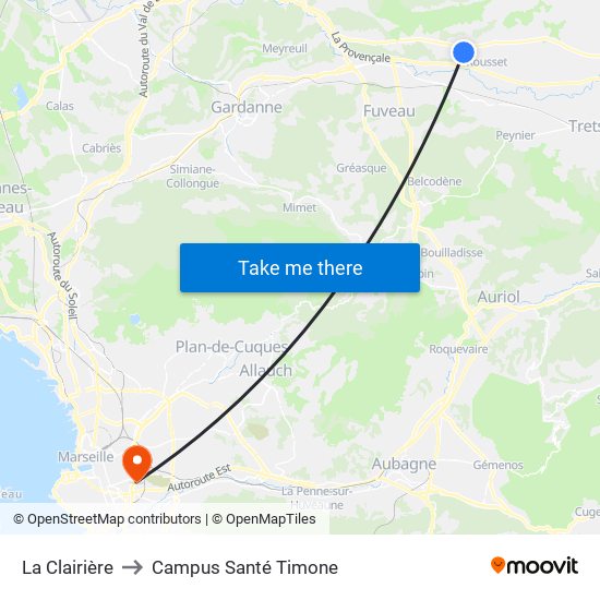 La Clairière to Campus Santé Timone map