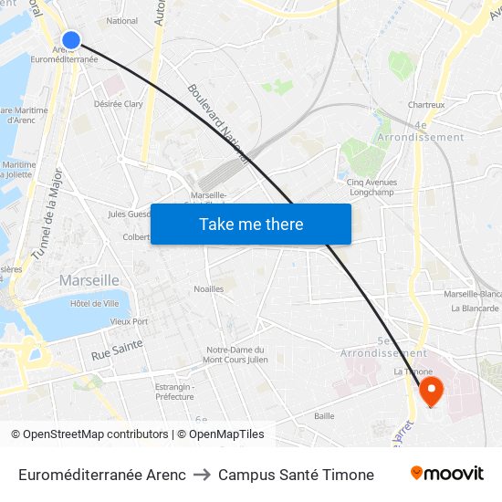 Euroméditerranée Arenc to Campus Santé Timone map