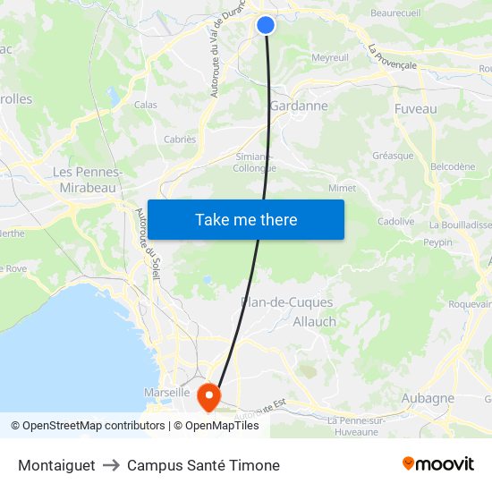 Montaiguet to Campus Santé Timone map