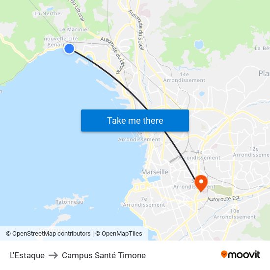 L'Estaque to Campus Santé Timone map