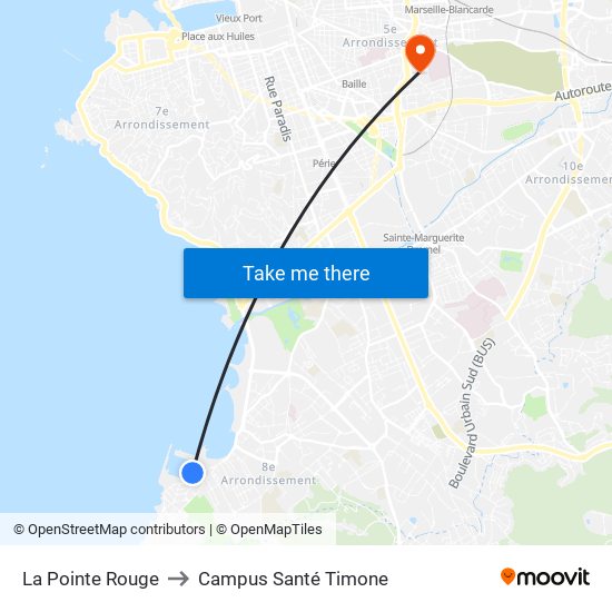 La Pointe Rouge to Campus Santé Timone map