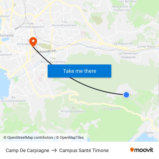 Camp De Carpiagne to Campus Santé Timone map