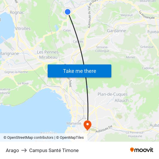 Arago to Campus Santé Timone map