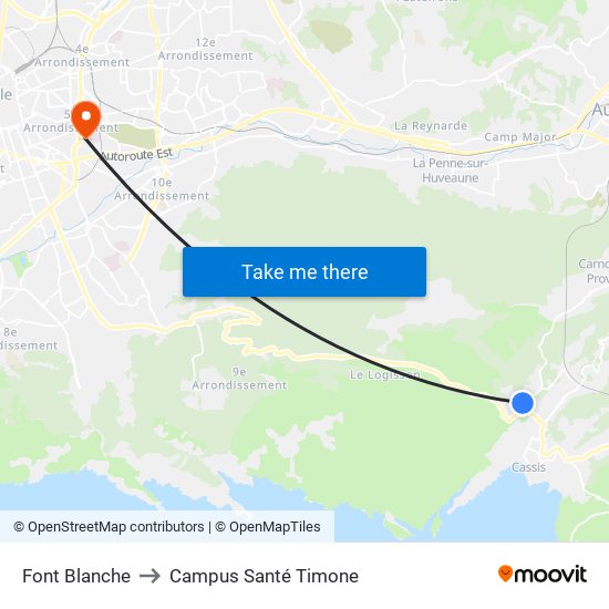 Font Blanche to Campus Santé Timone map